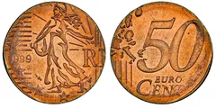 50 euro cent mince, přední a zadní strana, detail měděné mince, evropská měna