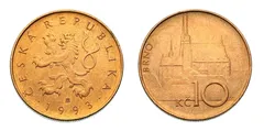 Česká desetikoruna mince z roku 1993 s lvem a Brnem