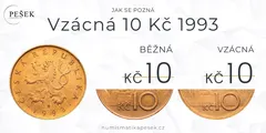 Jak poznat vzácnou desetikorunu z roku 1993, rozdíl mezi běžnou a vzácnou mincí.