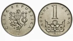 Jednokorunová mince České republiky, líc s lvem a rub s korunou a číslem 1.