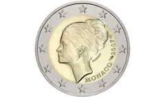 Dvoueurová mince Monaka s portrétem ženy a nápisem MONACO, rok 2007.