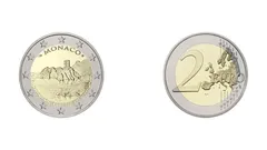 Dvě strany mince 2 eura z Monaka, detailní pohled na motiv a hodnotu mince.