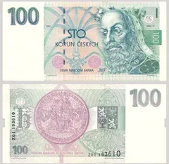 Česká bankovka 100 korun s portrétem historické osobnosti a znakem