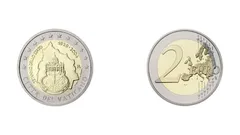 Dvě strany mince 2 eura, evropský motiv a speciální pamětní design.