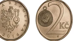 Česká dvoukorunová mince z roku 2016, znak lva a nominální hodnota 2 Kč.