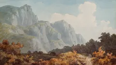 Malba skal a stromů v hnědých a šedých odstínech u Glarusu