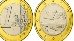 Jednoeurová mince, líc a rub, zlatý okraj, motivy evropských států a rok 2000.