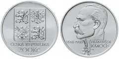 Stříbrná mince 200 Kč ČR s portrétem Františka Komoše a státním znakem České republiky.